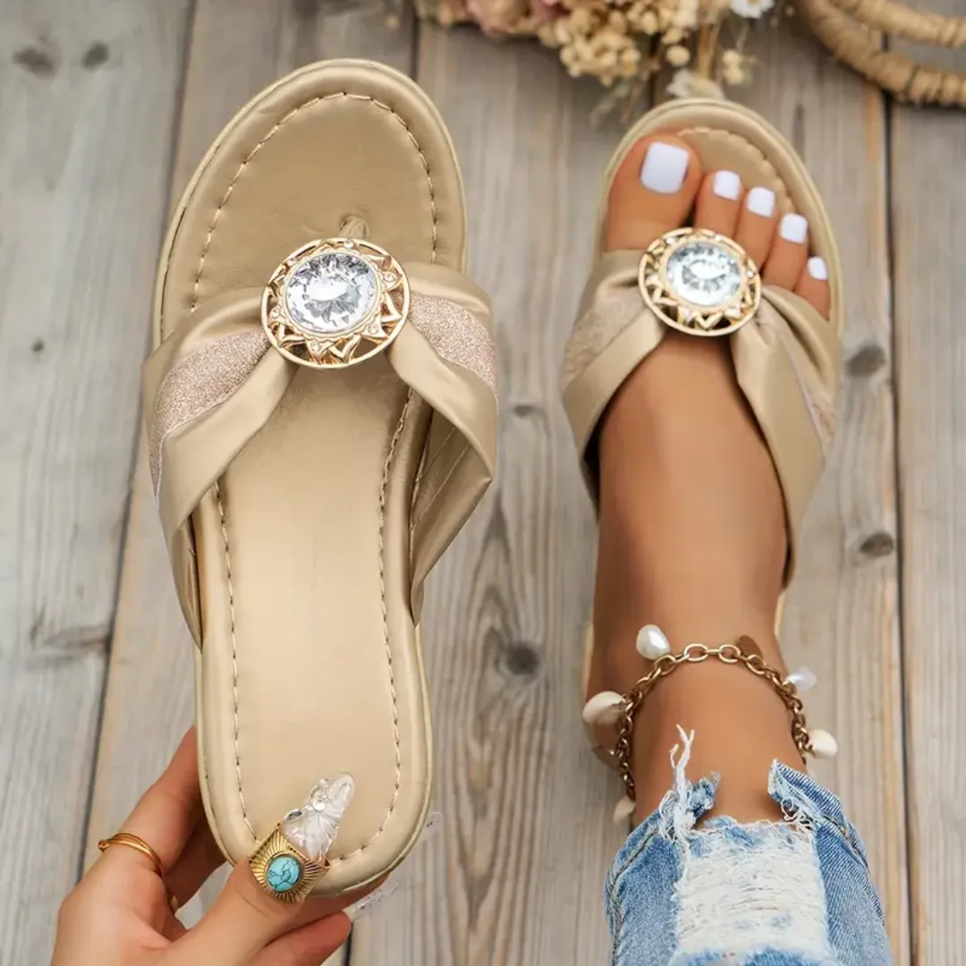 Fleekcomfy Rhinestone Arch Support Wedge Flip Flops