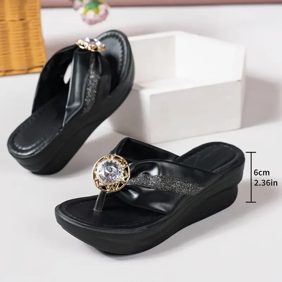 Fleekcomfy Rhinestone Arch Support Wedge Flip Flops