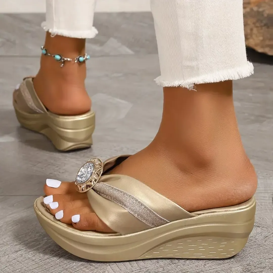 Fleekcomfy Rhinestone Arch Support Wedge Flip Flops