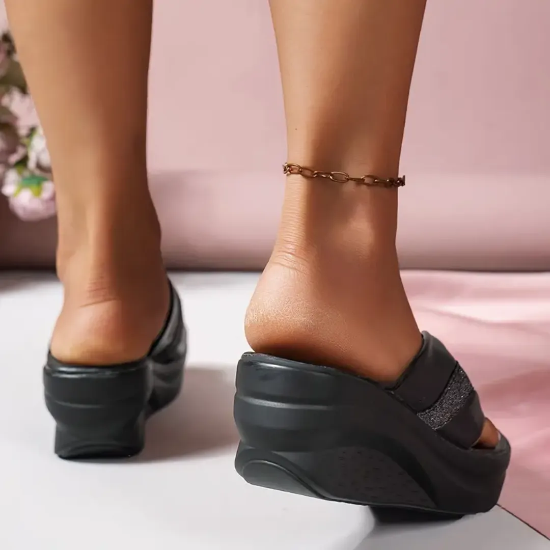 Fleekcomfy Rhinestone Arch Support Wedge Flip Flops