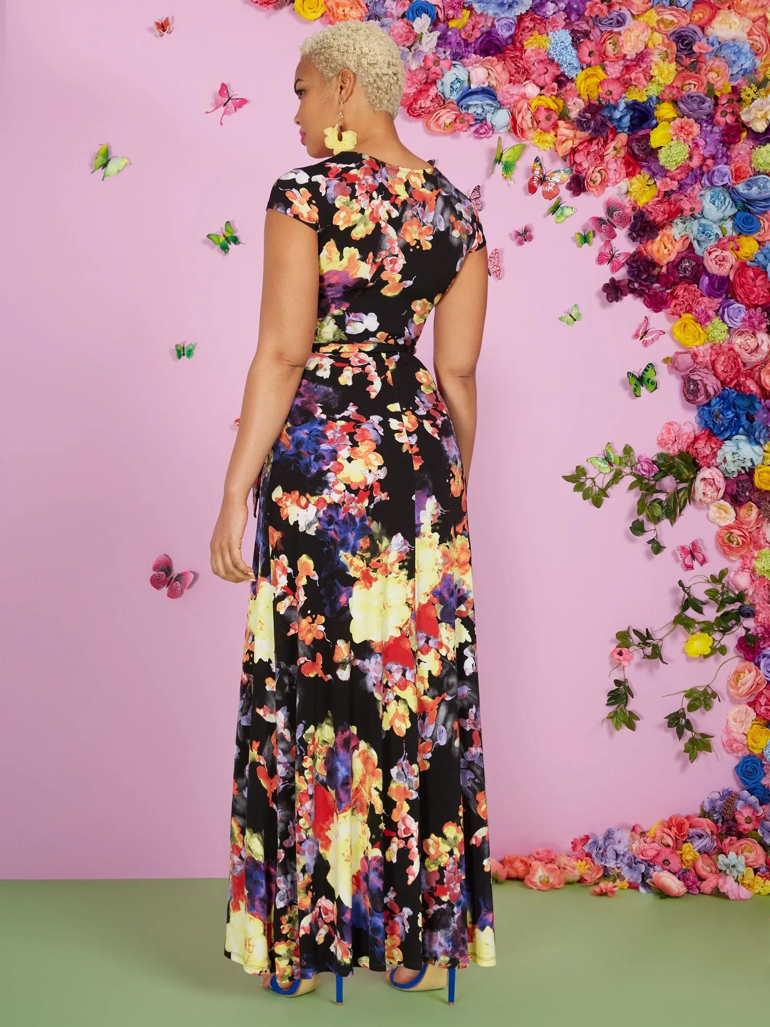Floral-Print Short-Sleeve V-Neck Maxi Dress