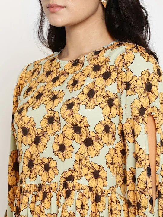 Green Mustard Yellow Floral Midi Dress
