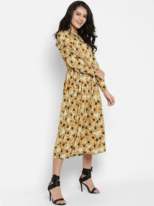Green Mustard Yellow Floral Midi Dress