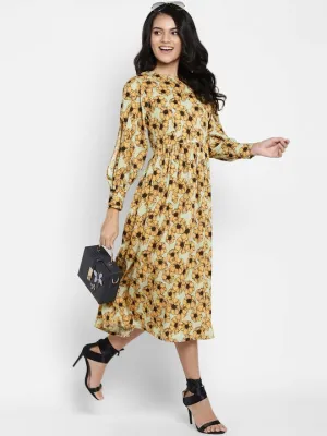 Green Mustard Yellow Floral Midi Dress