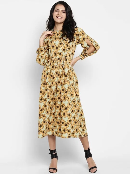 Green Mustard Yellow Floral Midi Dress