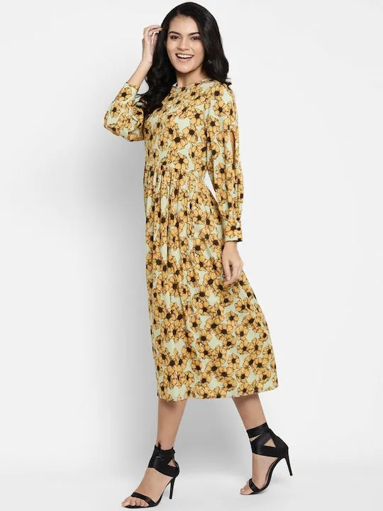 Green Mustard Yellow Floral Midi Dress