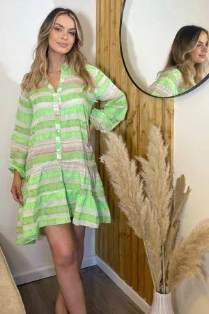 GREEN WOVEN COTTON 3/4 SLEEVE TUNIC DRESS