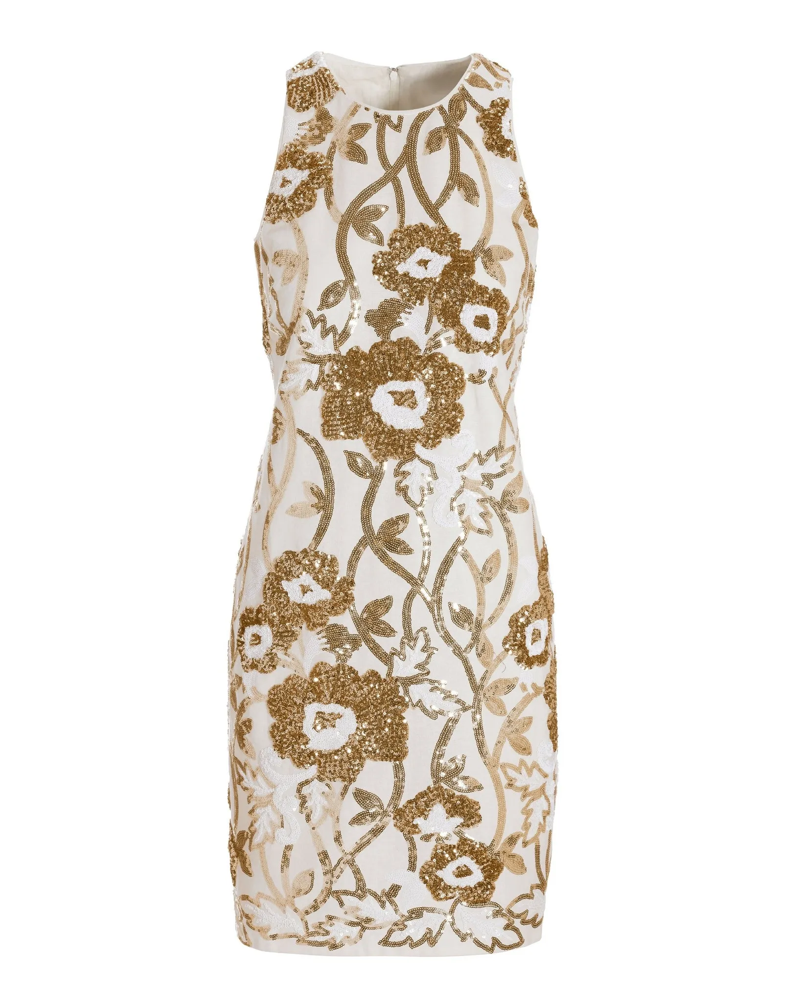 High-Neck Floral Sequin Linen Dress White Multi