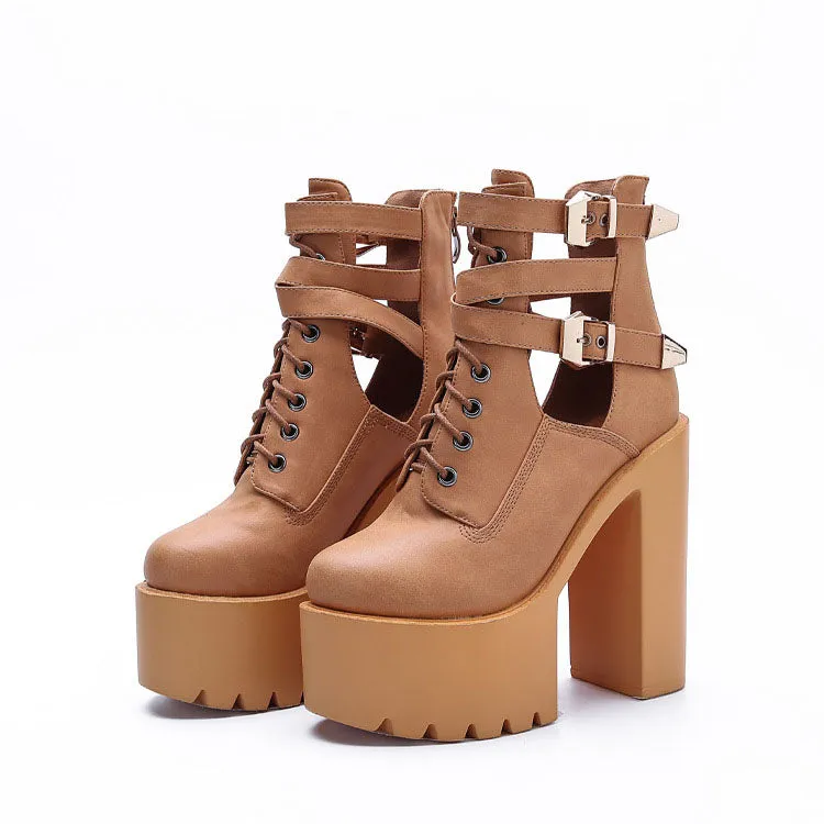 High Platform Cut Out Hasp Lace High Chunky Heels Short Martin Boots