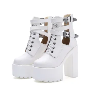 High Platform Cut Out Hasp Lace High Chunky Heels Short Martin Boots