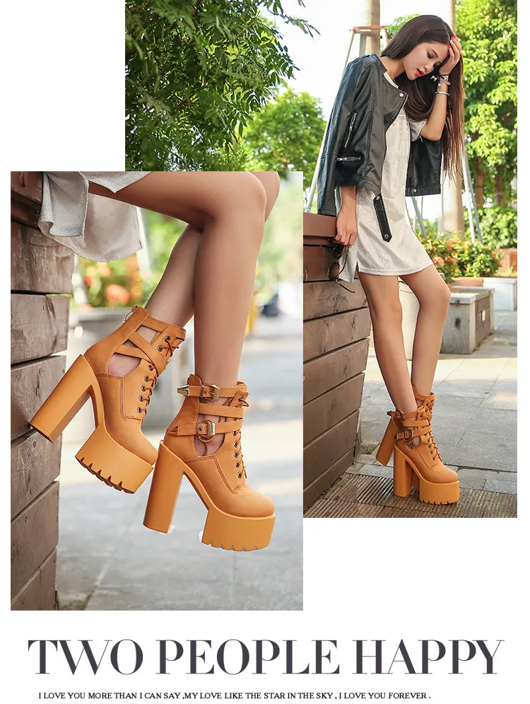 High Platform Cut Out Hasp Lace High Chunky Heels Short Martin Boots