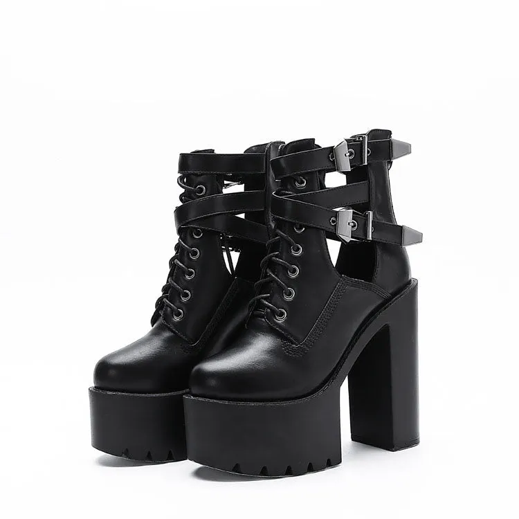 High Platform Cut Out Hasp Lace High Chunky Heels Short Martin Boots