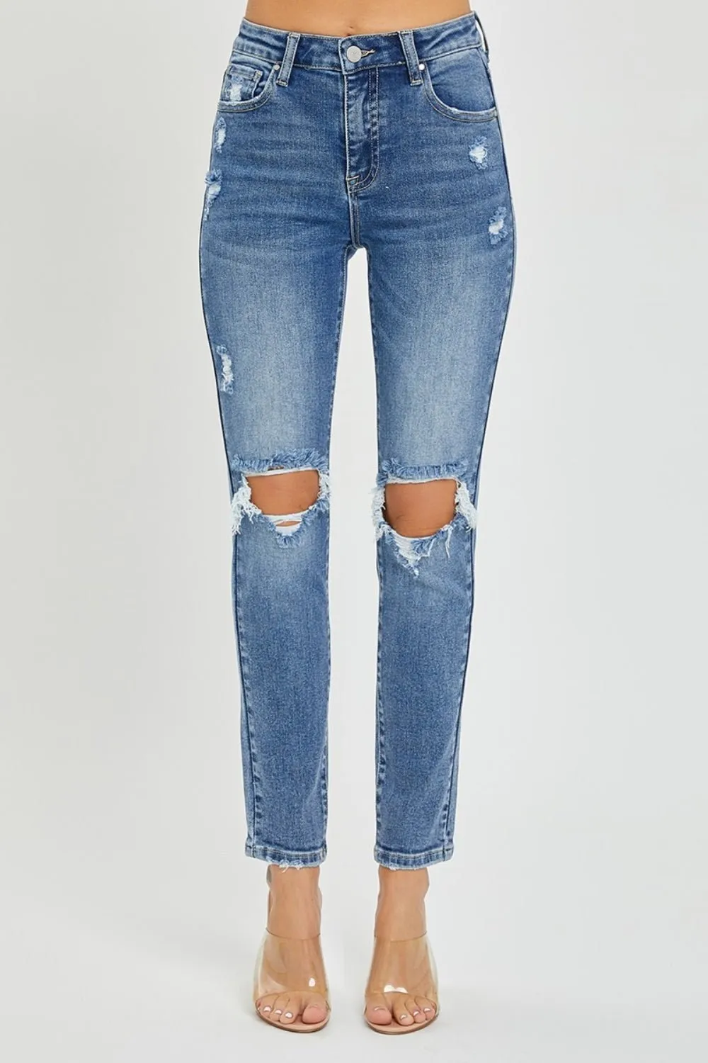 High Rise Knee Distressed Skinny Jeans