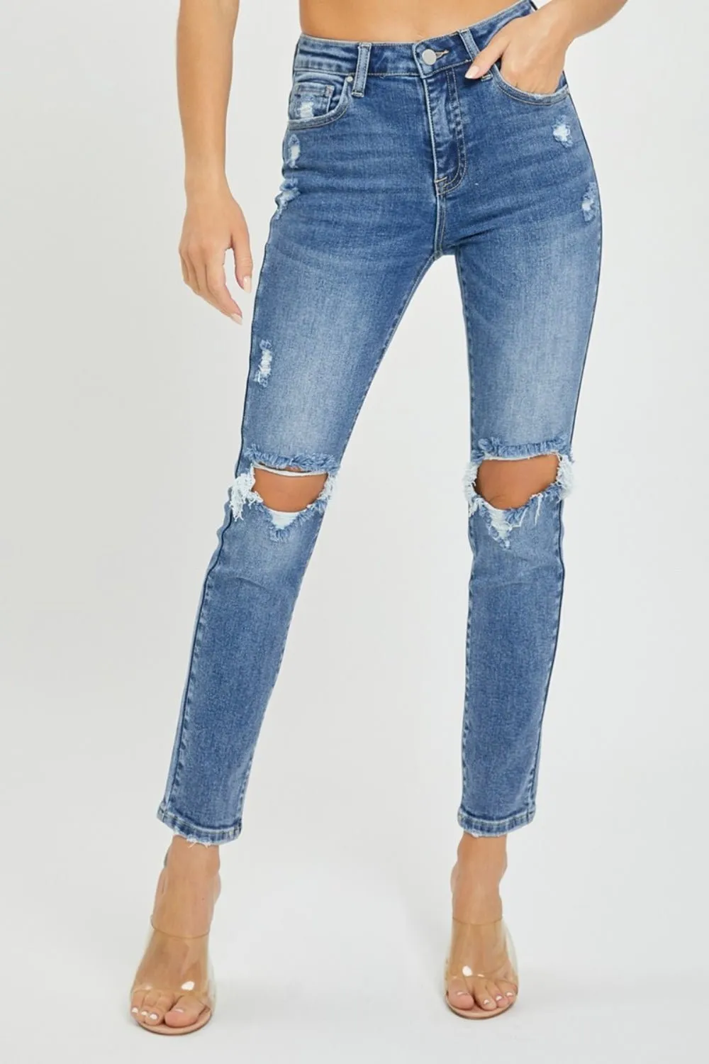 High Rise Knee Distressed Skinny Jeans