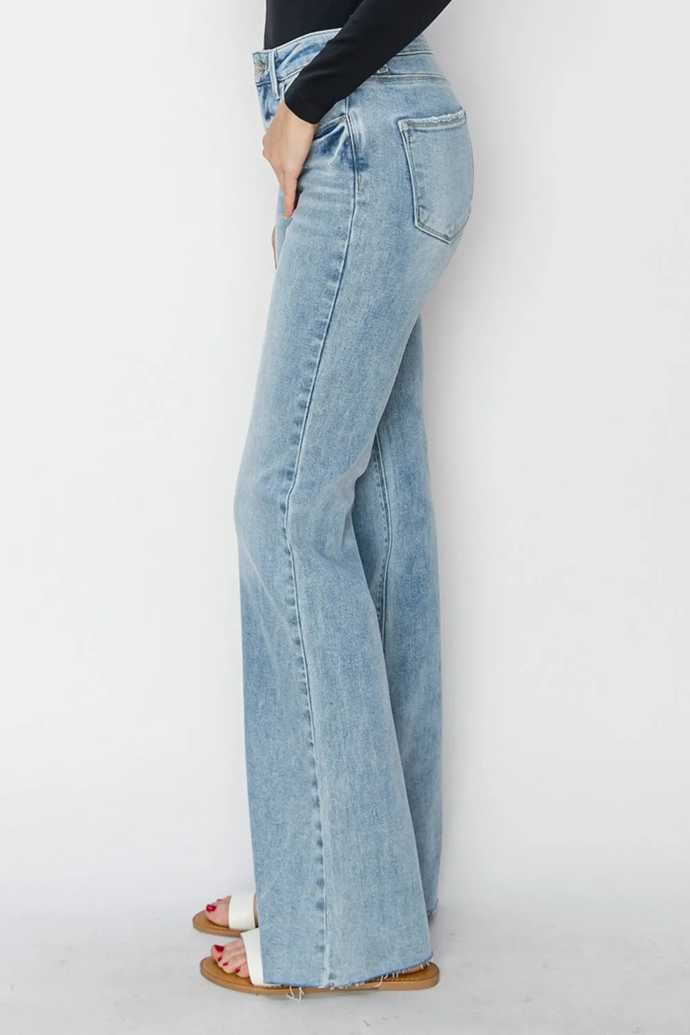 High Rise Raw Cut Hem Bootcut Jeans