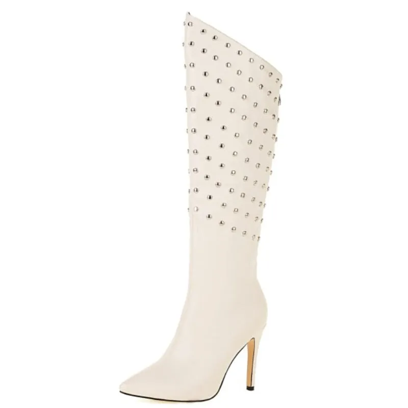 Knee high Riveted Women Boots Fine Heel Rhinestone Frosted/Leather Boots