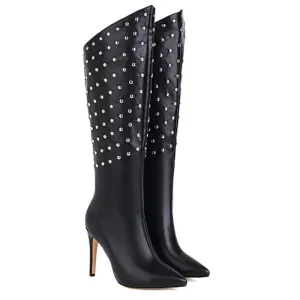 Knee high Riveted Women Boots Fine Heel Rhinestone Frosted/Leather Boots