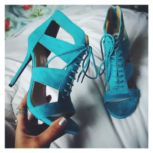 Lace-up HOllow Stiletto Heel Peep-toe Zipper Blue High Heel Sandals