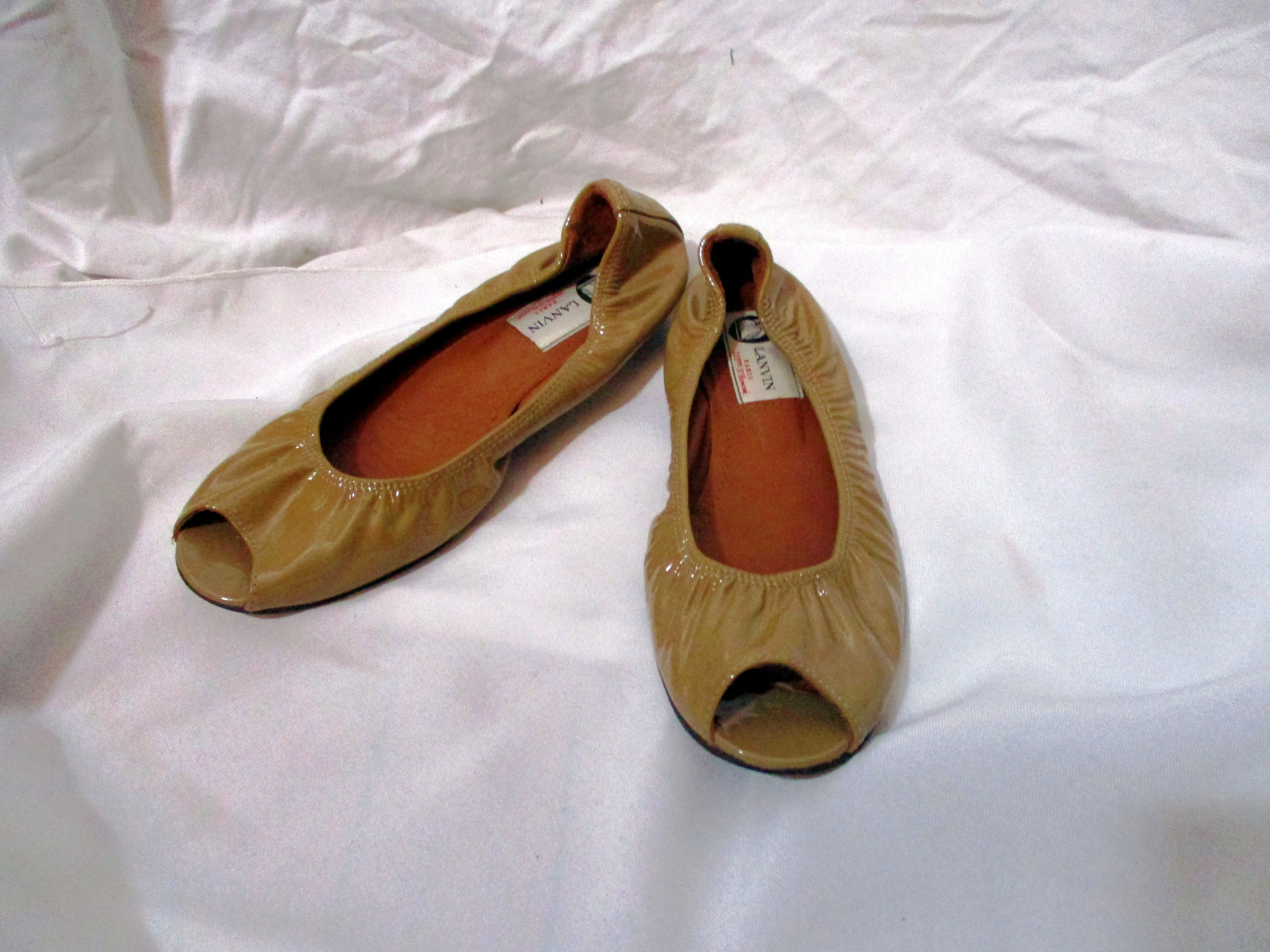LANVIN Peep Toe Patent Leather Classic Ballet Flat Shoe 36.5 Slipper BEIGE