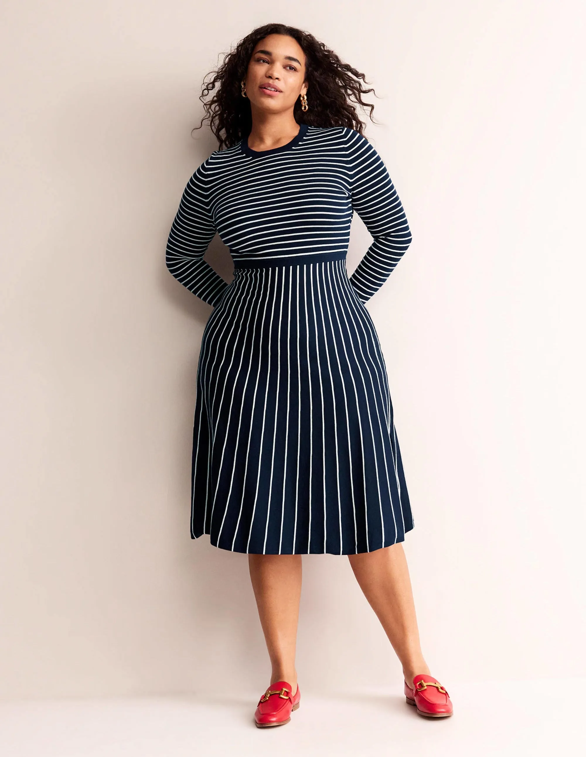 Maria Knitted Midi Dress-Navy and Ivory