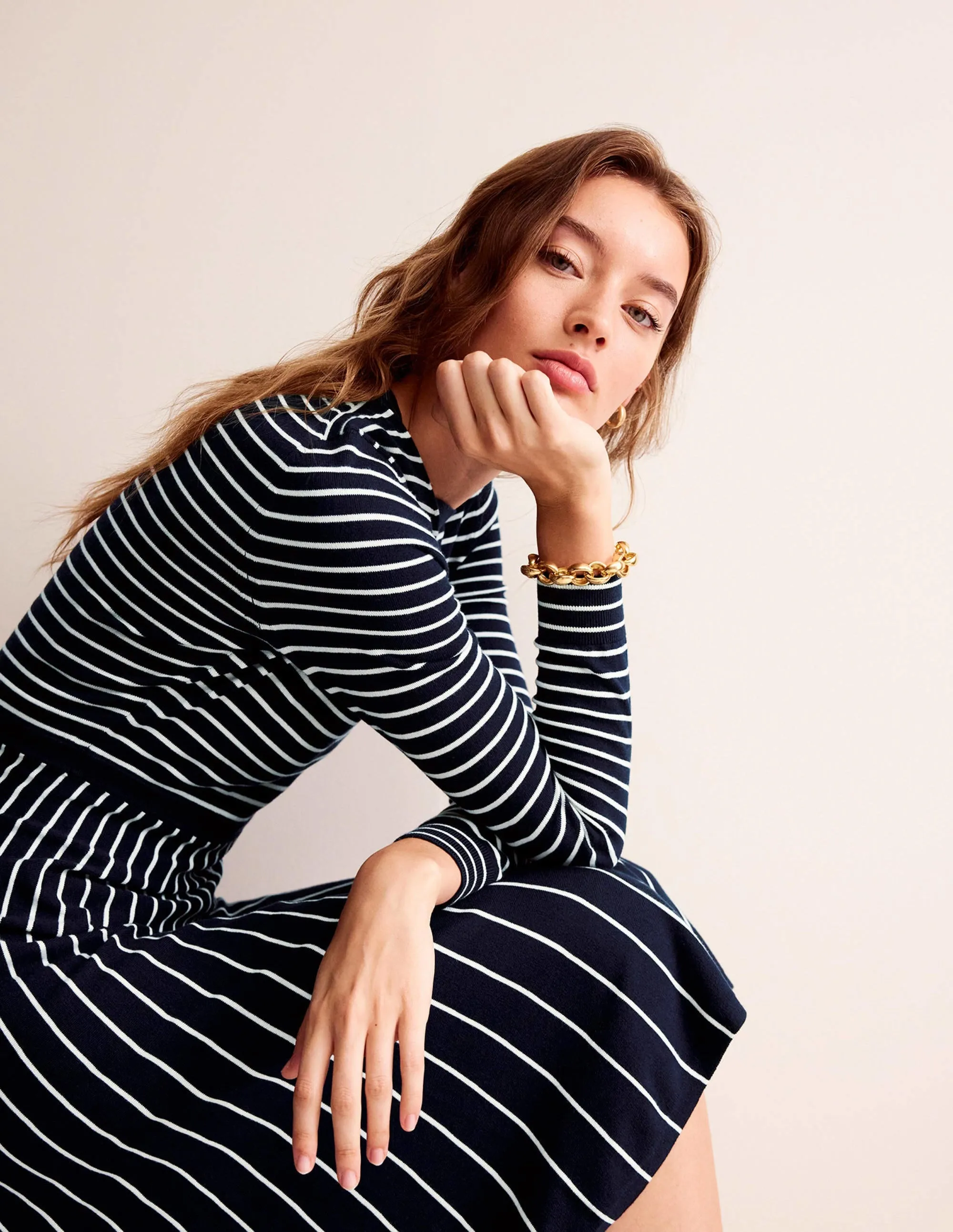 Maria Knitted Midi Dress-Navy and Ivory