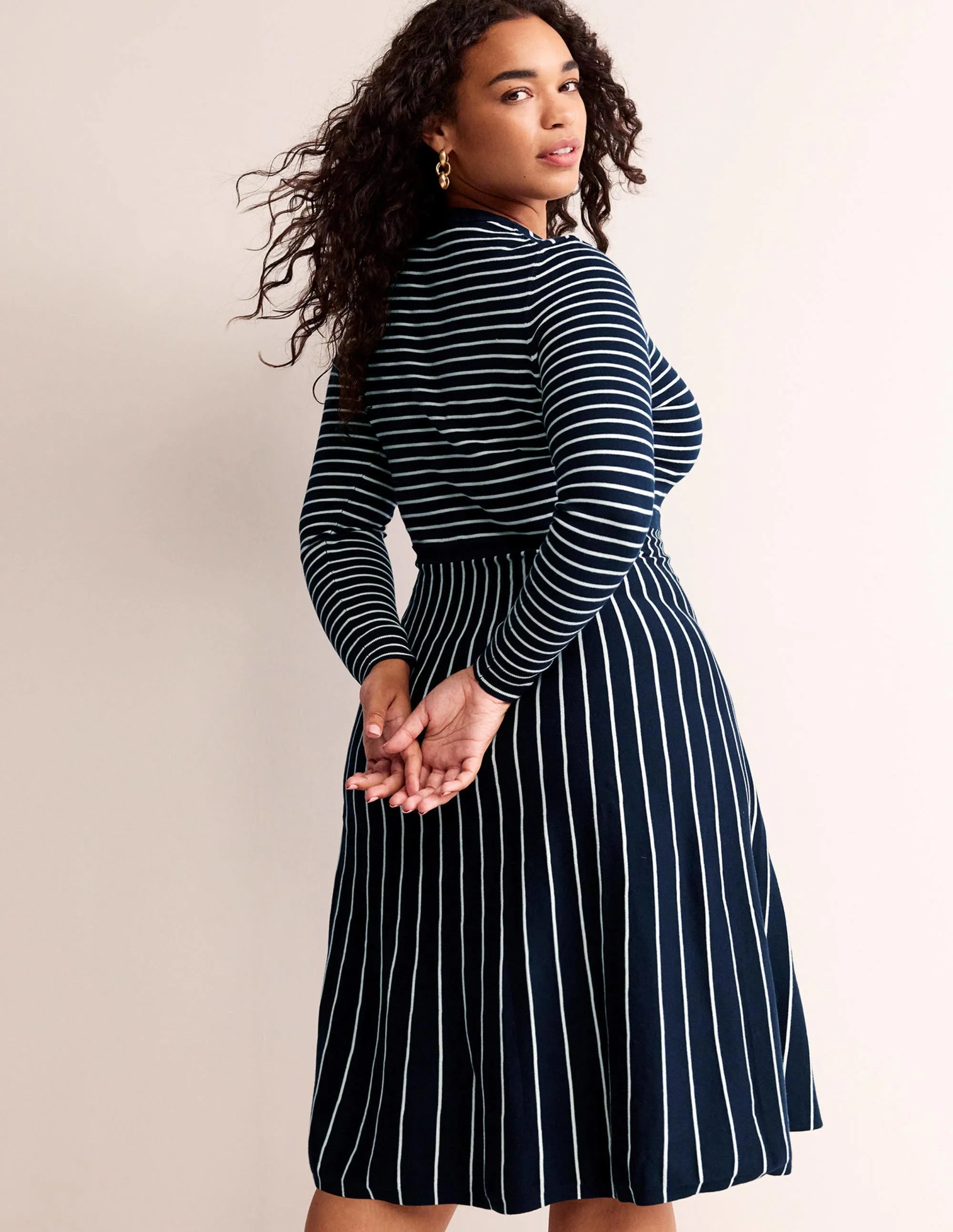 Maria Knitted Midi Dress-Navy and Ivory