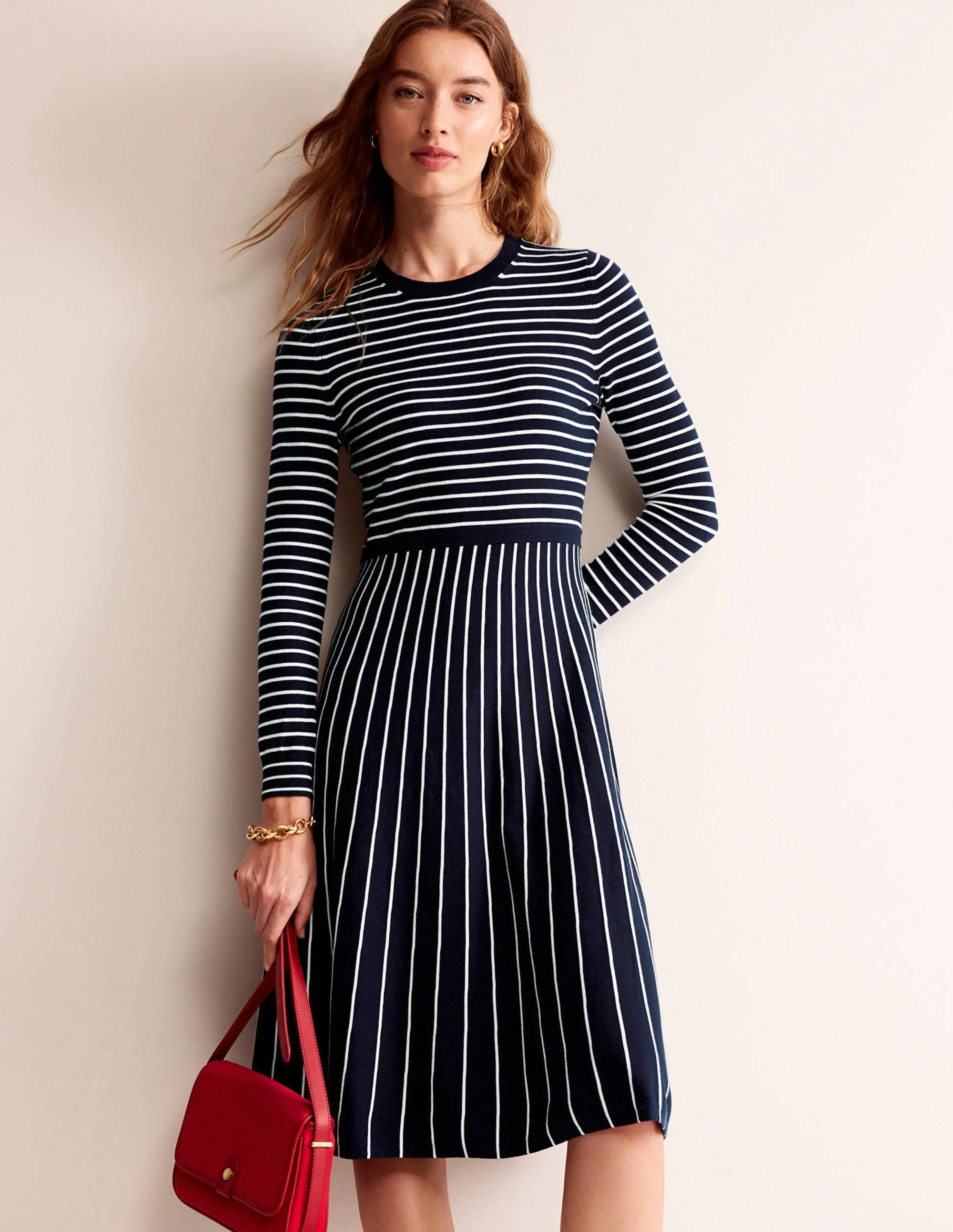 Maria Knitted Midi Dress-Navy and Ivory
