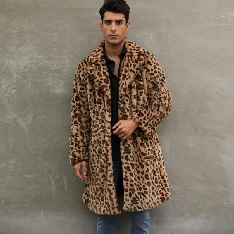 Men's Classic Casual Leopard Plush Faux Fur Suit Collar Mid-Length Coat 66169813K
