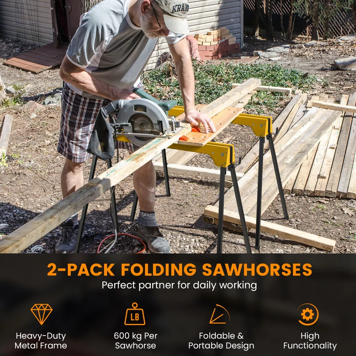 NNECW Pack of 2 Folding Sawhorses with Convenient Handle and  Lightweight Tool Stands for Indoor/Outdoor Use