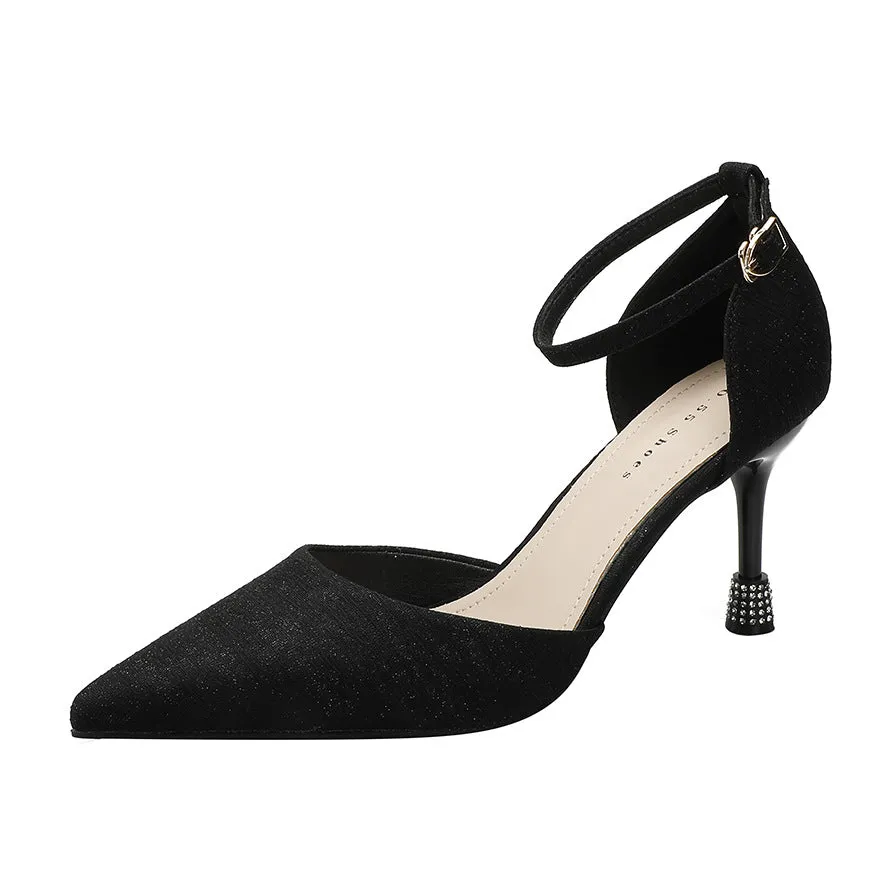 Nude Block Heels Closed Toe Sandals Rhinestone Women's Shoes