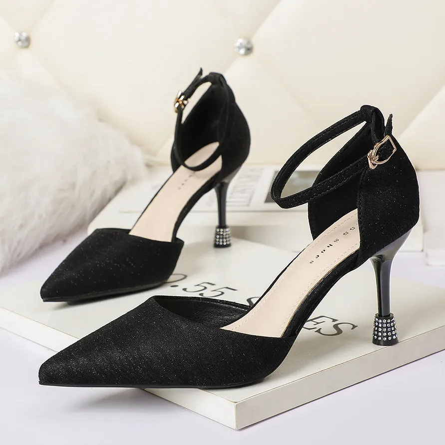Nude Block Heels Closed Toe Sandals Rhinestone Women's Shoes