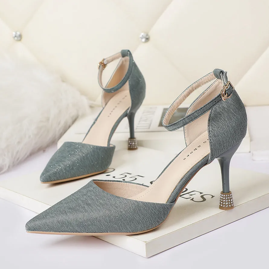 Nude Block Heels Closed Toe Sandals Rhinestone Women's Shoes
