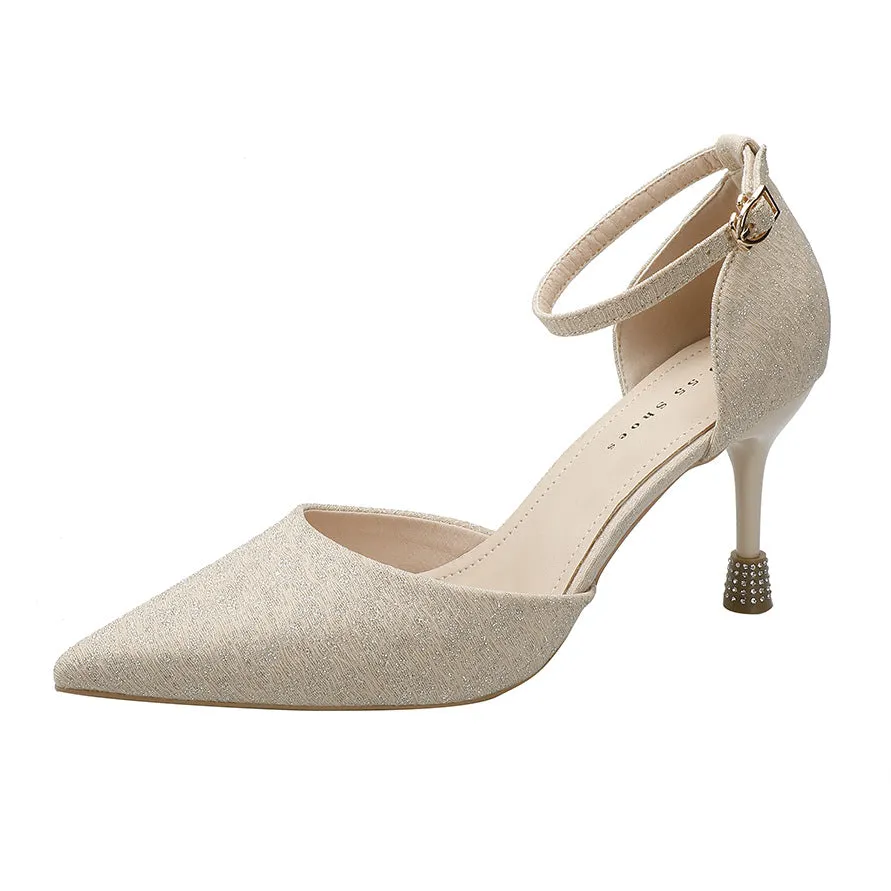 Nude Block Heels Closed Toe Sandals Rhinestone Women's Shoes