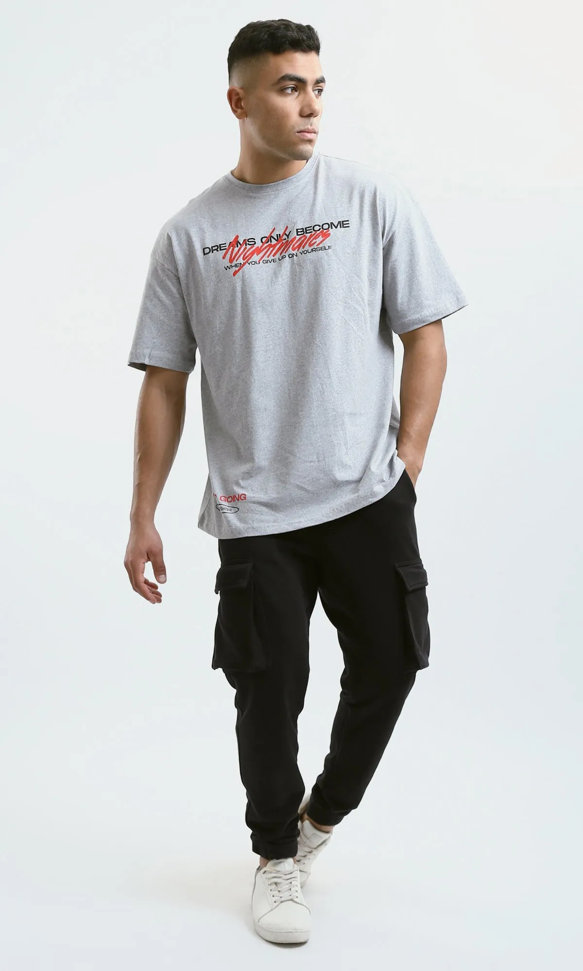 O179041 Heather Light Grey Cotton Tee With Front & Back Print