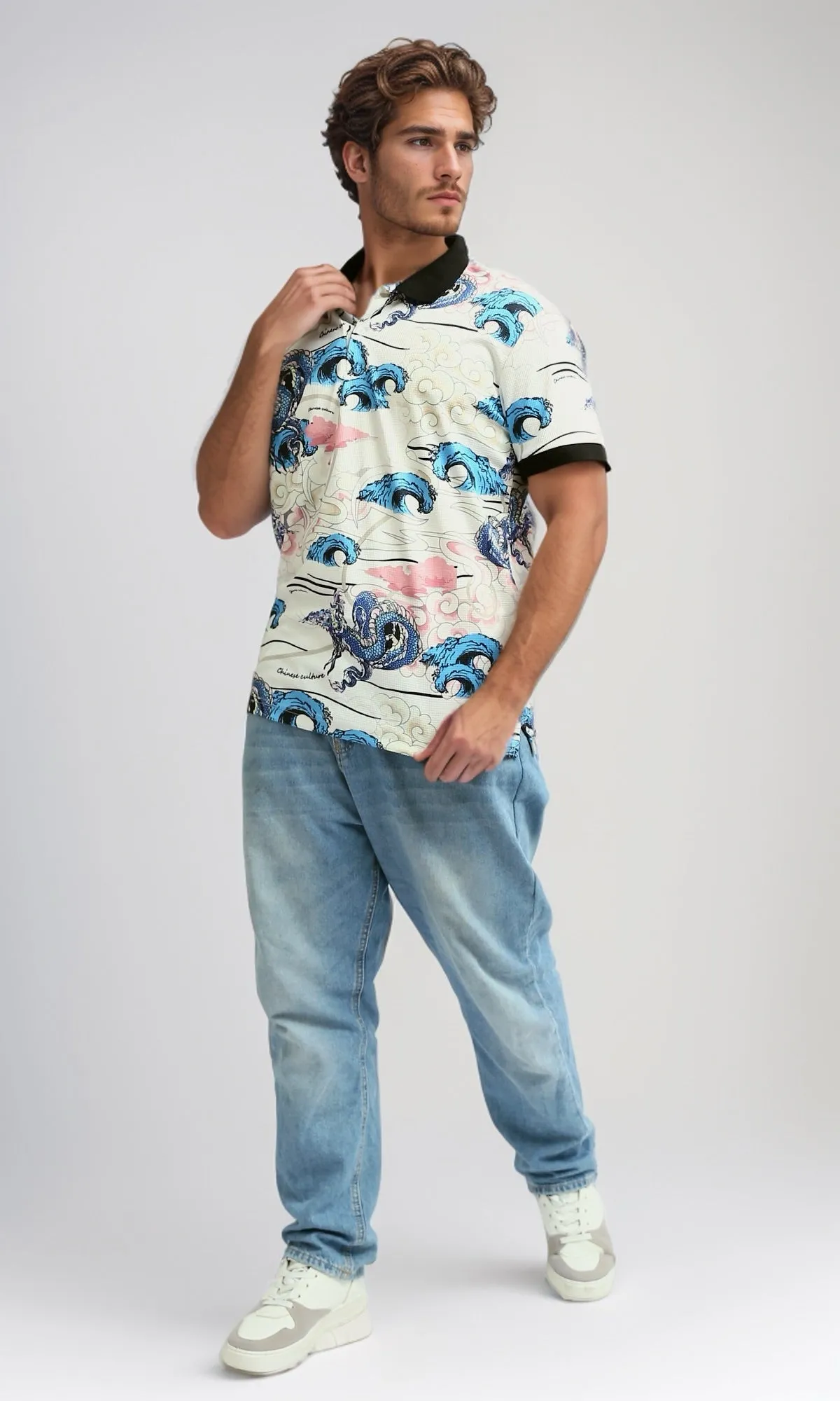 O198431  Printed Turn Down Polo T-Shirt - Multicolor