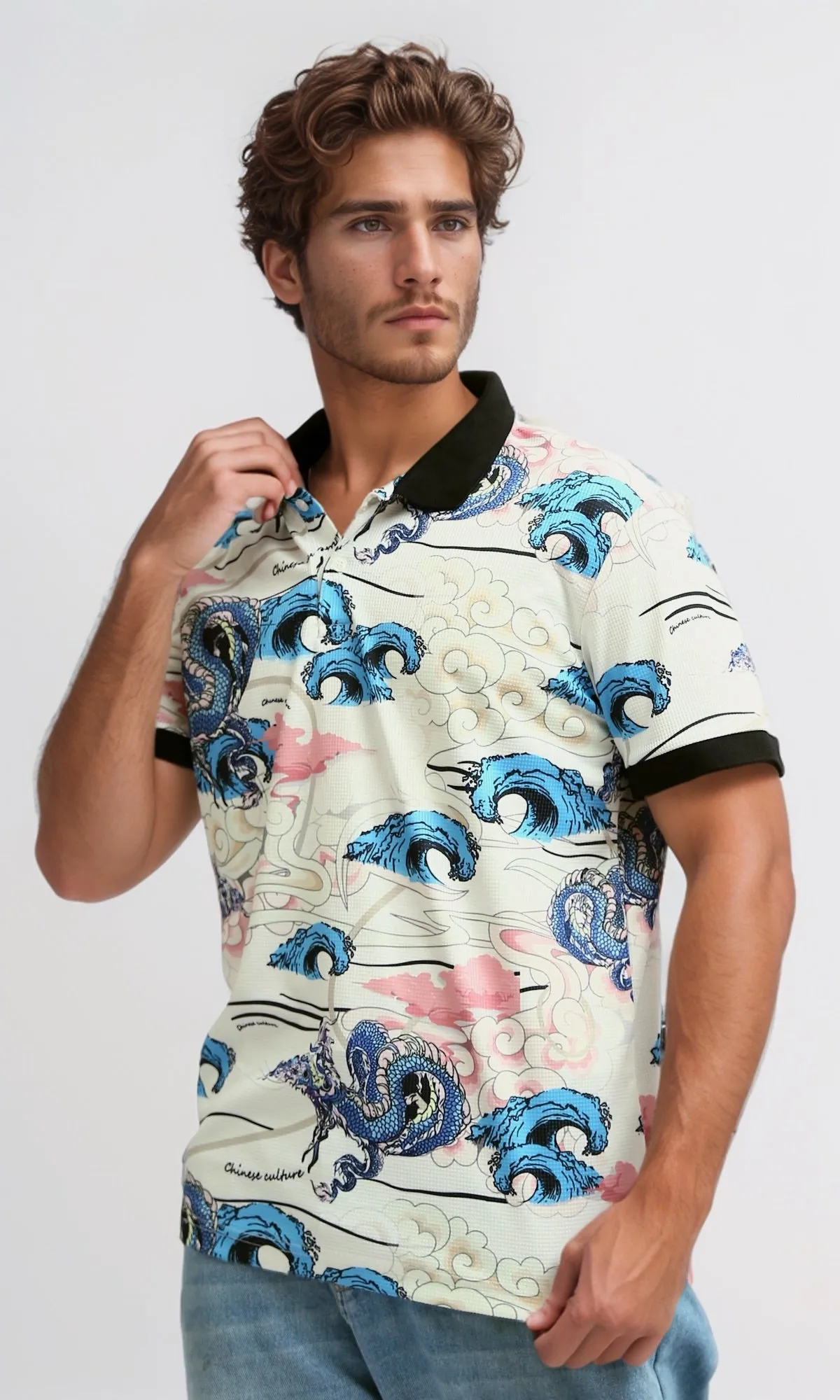 O198431  Printed Turn Down Polo T-Shirt - Multicolor