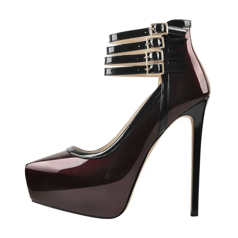 Platform Pointed Toe Pumps Ankle Strap  Buckle High Heel Shoes