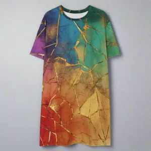 Rainbow & Gold Crackle Oversized T-shirt Dress 2XS-6XL