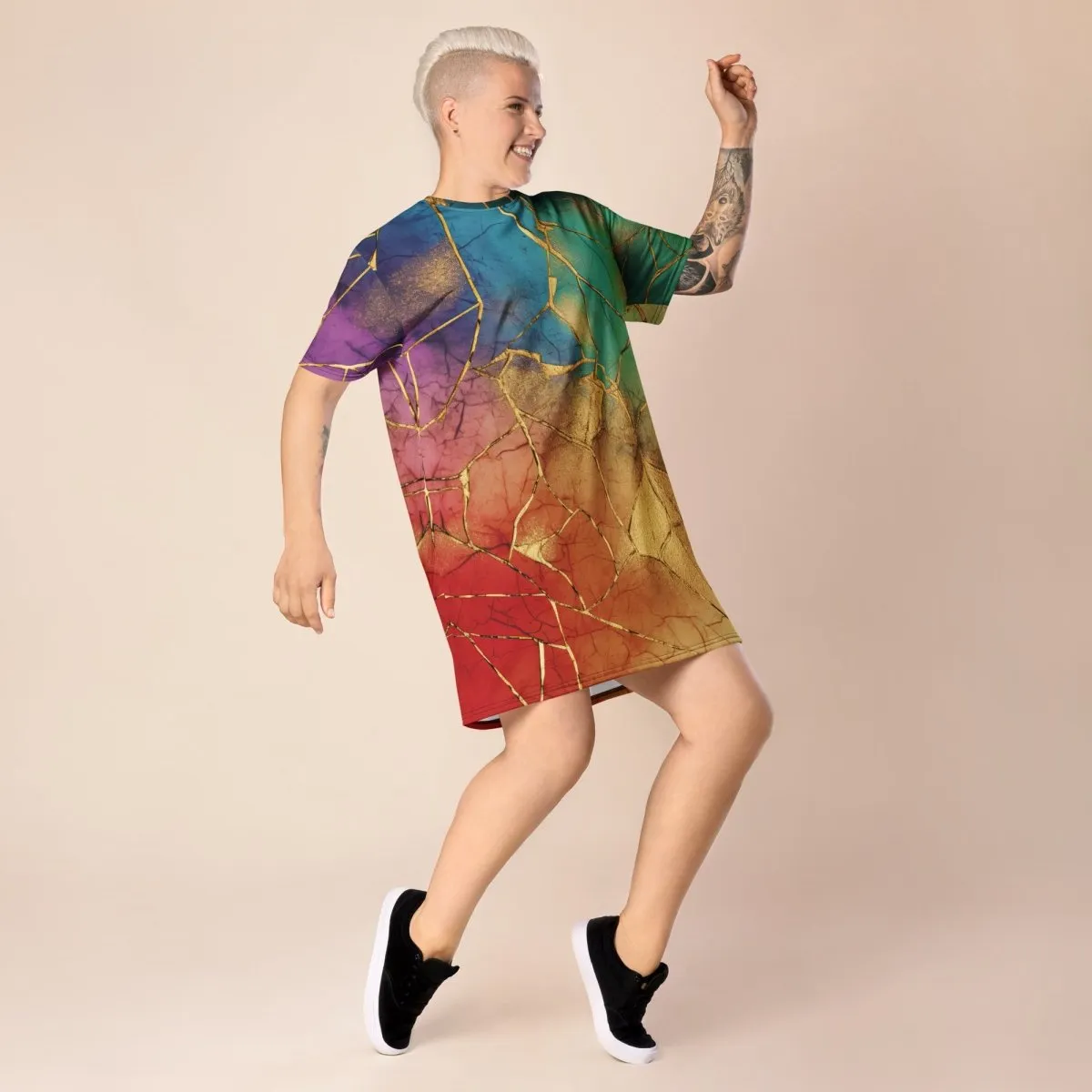Rainbow & Gold Crackle Oversized T-shirt Dress 2XS-6XL