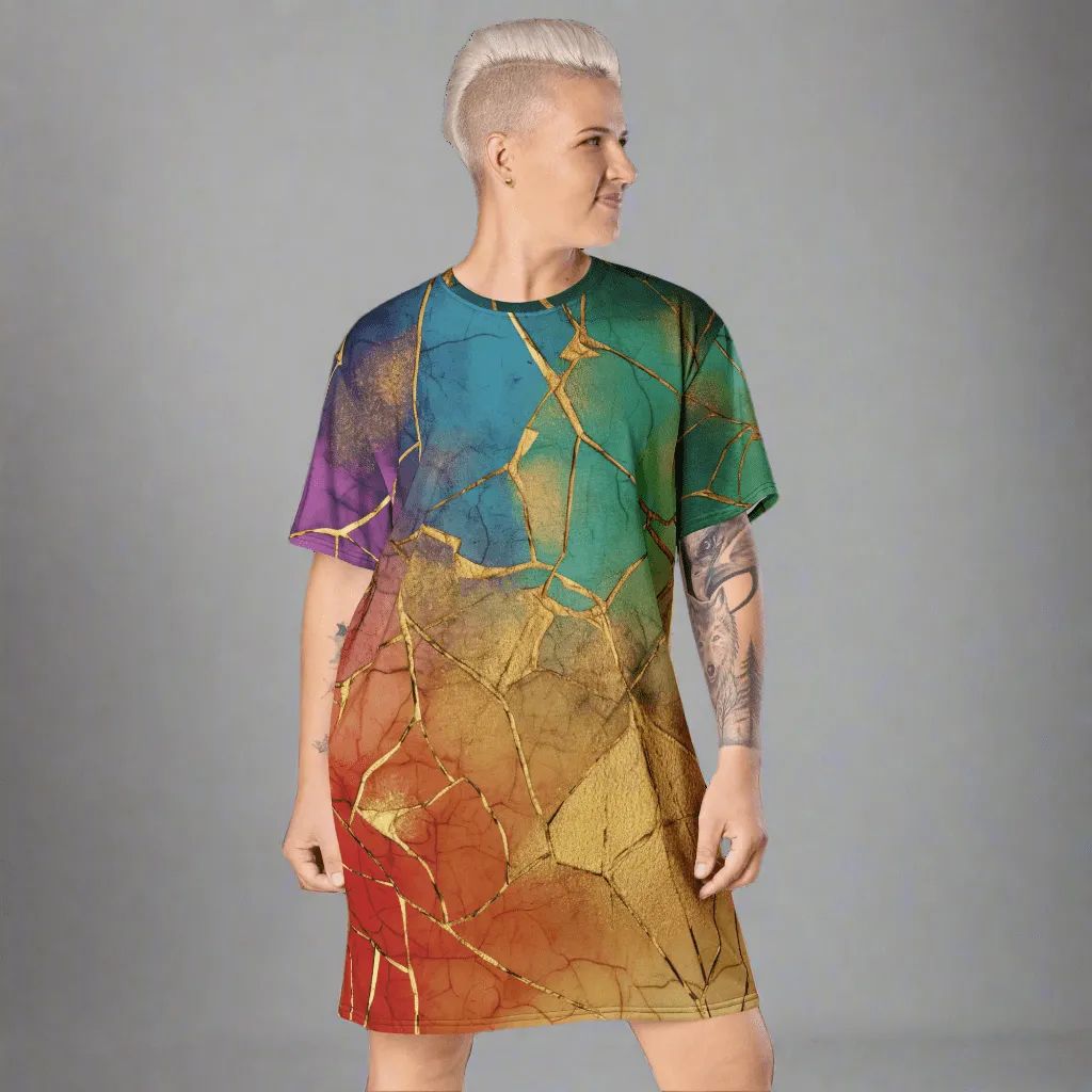 Rainbow & Gold Crackle Oversized T-shirt Dress 2XS-6XL