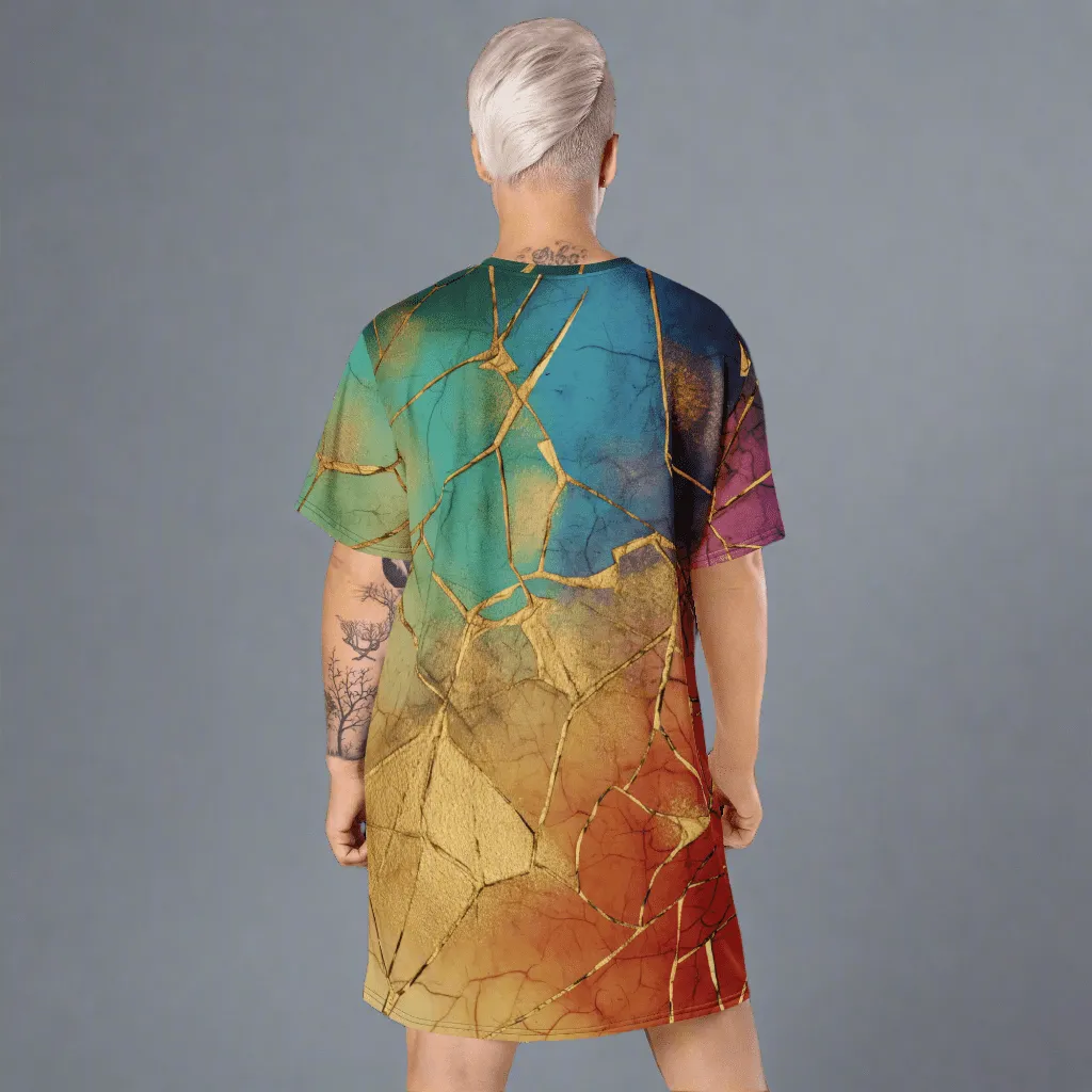 Rainbow & Gold Crackle Oversized T-shirt Dress 2XS-6XL