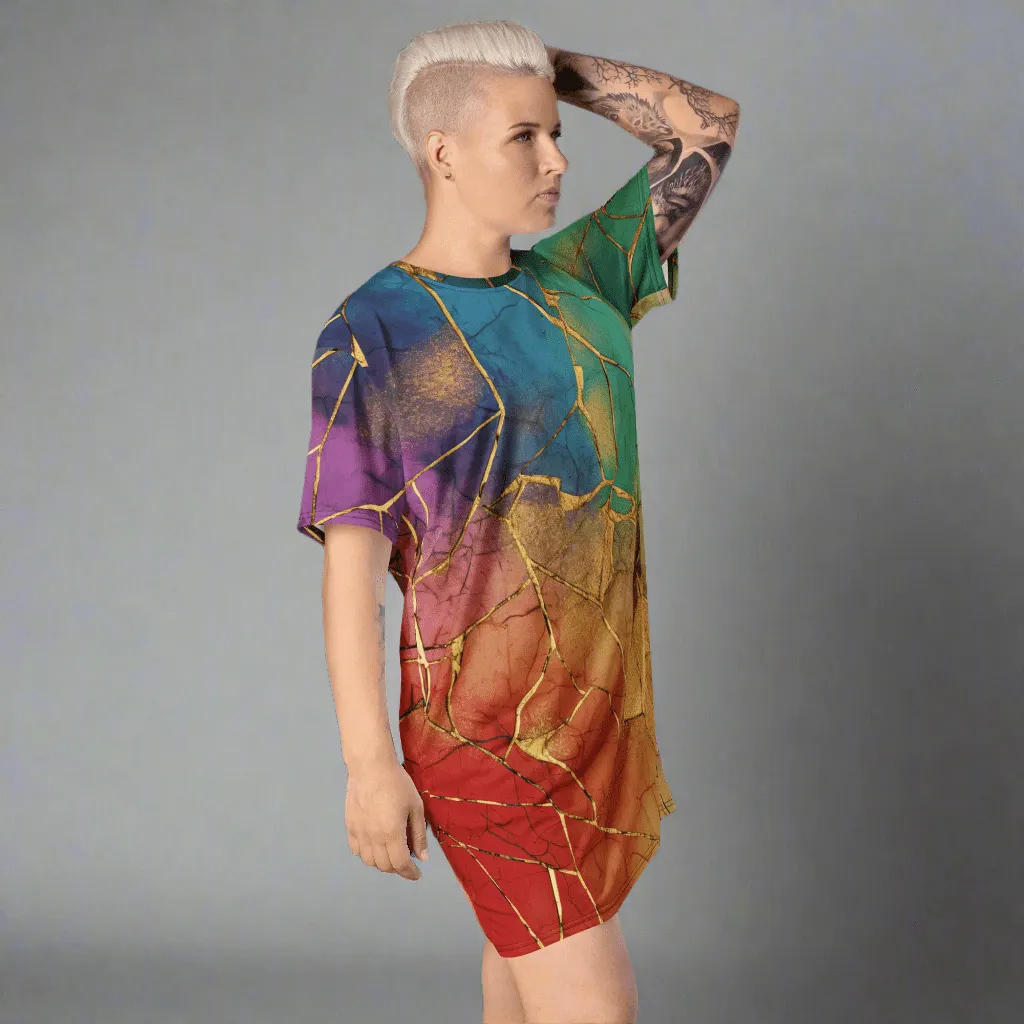 Rainbow & Gold Crackle Oversized T-shirt Dress 2XS-6XL