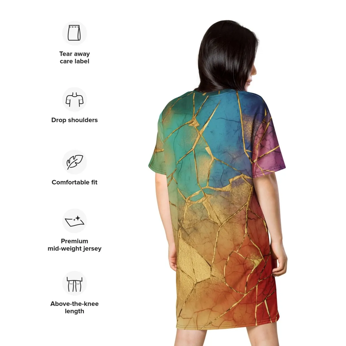 Rainbow & Gold Crackle Oversized T-shirt Dress 2XS-6XL