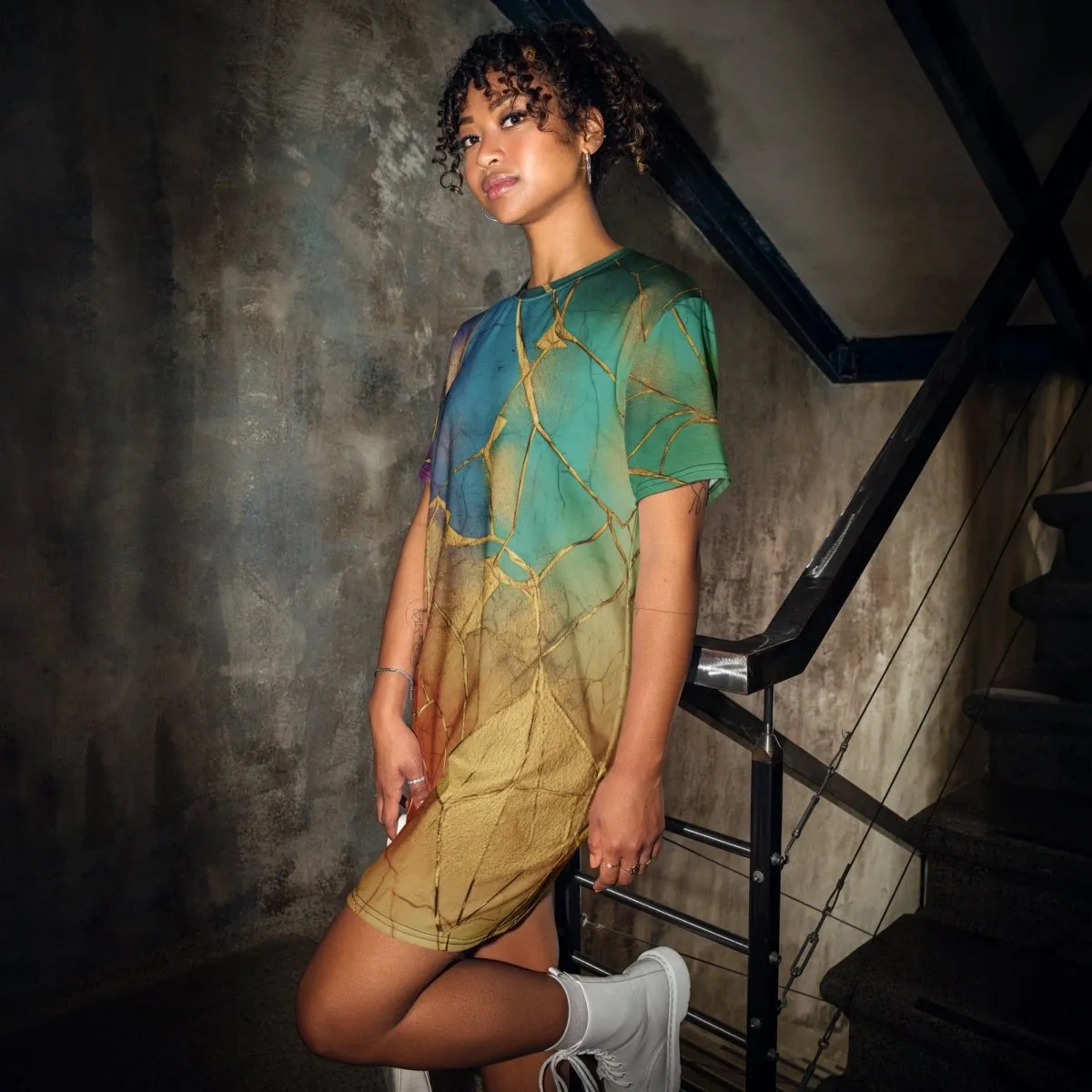 Rainbow & Gold Crackle Oversized T-shirt Dress 2XS-6XL