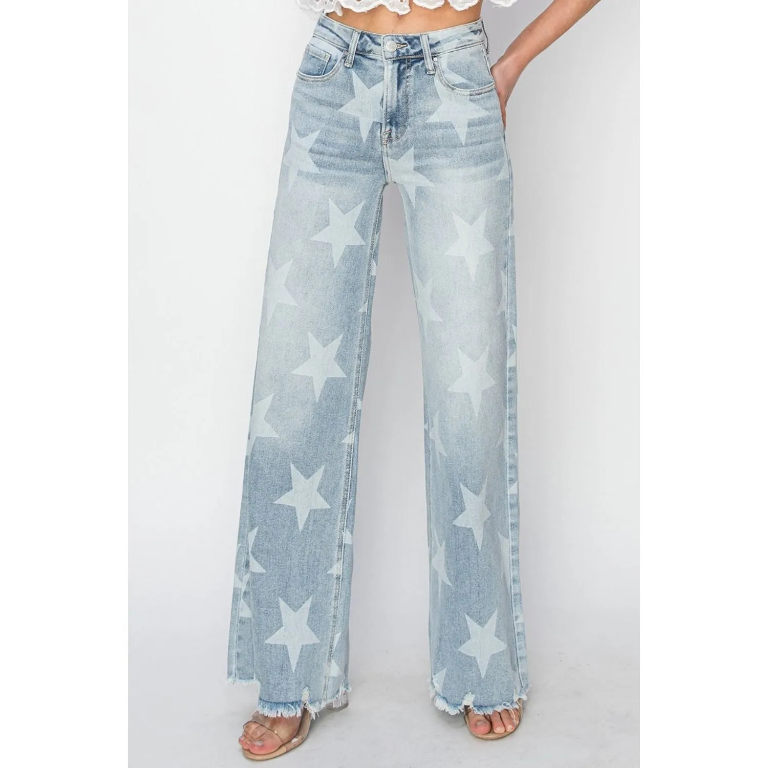RISEN Full Size Raw Hem Star Wide Leg Jeans