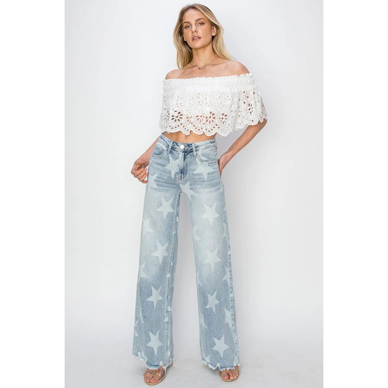 RISEN Full Size Raw Hem Star Wide Leg Jeans