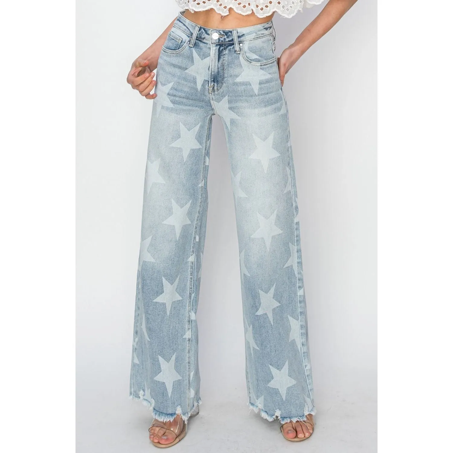 RISEN Full Size Raw Hem Star Wide Leg Jeans