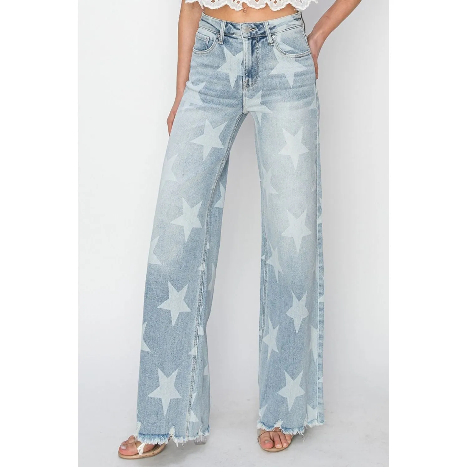 RISEN Full Size Raw Hem Star Wide Leg Jeans