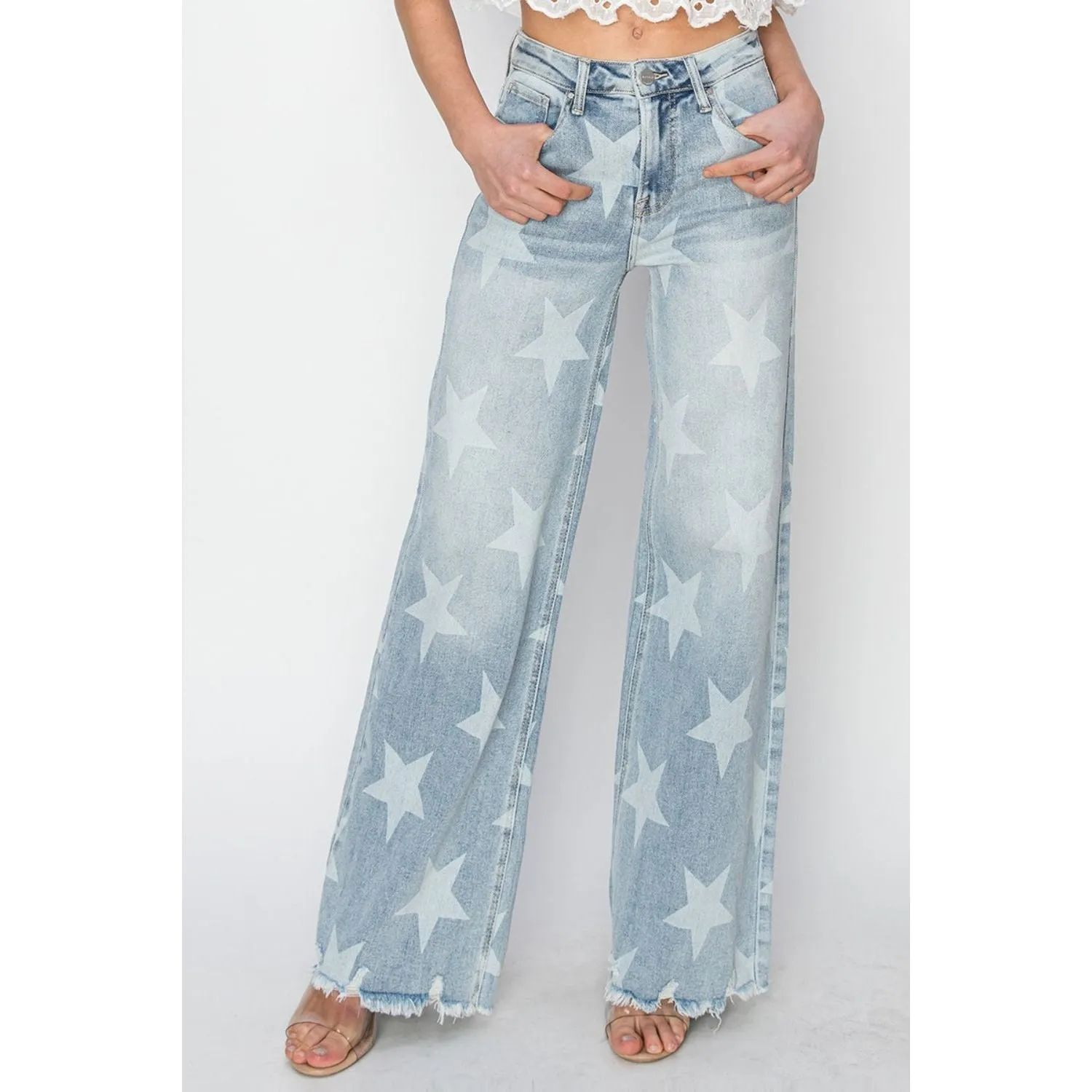 RISEN Full Size Raw Hem Star Wide Leg Jeans