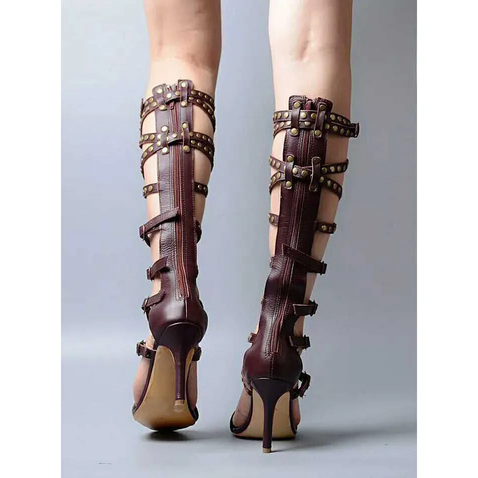 Rivets Straps Cross Open Toe Back Zipper Stiletto High Heels Long Boot Sandals